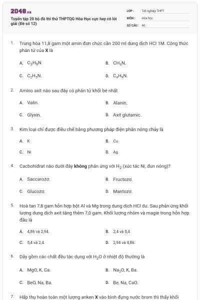 Tuyển tập 20 bộ đề thi thử THPTQG Hóa Học cực hay có lời giải (Đề số 12)