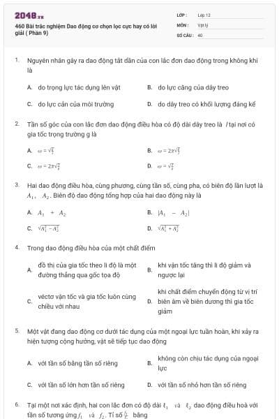 460 Bài trắc nghiệm Dao động cơ chọn lọc cực hay có lời giải ( Phần 9)