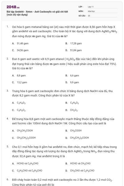 Bài tập Andehit - Xeton - Axit Cacboxylic có giải chi tiết (mức độ vận dụng)