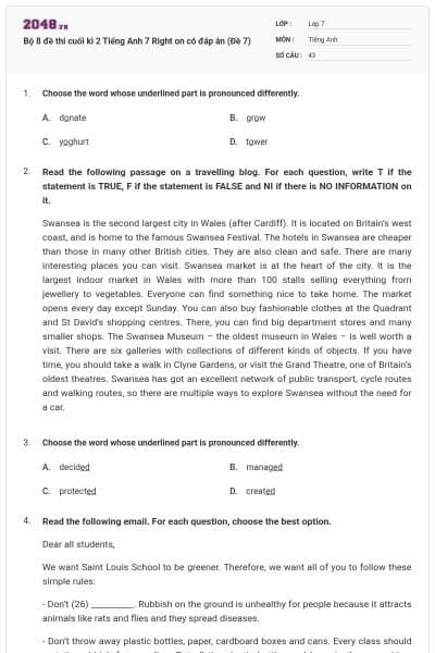 Bộ 8 đề thi cuối kì 2 Tiếng Anh 7 Right on có đáp án (Đề 7)