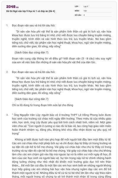 Đề thi Ngữ văn lớp 9 Học kì 1 có đáp án (Đề 4)
