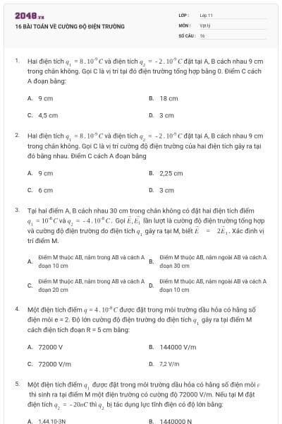 16 BÀI TOÁN VỀ CƯỜNG ĐỘ ĐIỆN TRƯỜNG