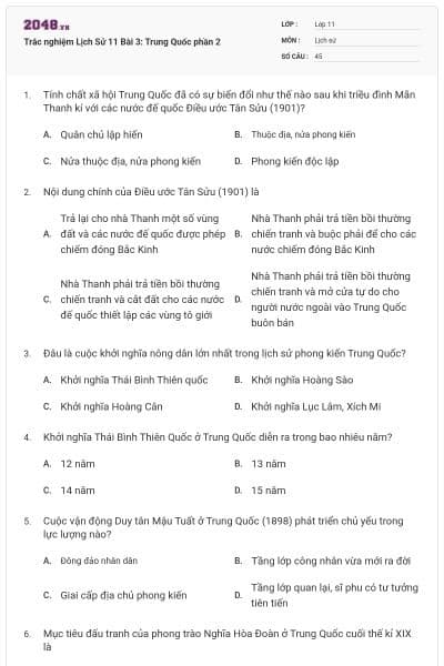 Trắc nghiệm Lịch Sử 11 Bài 3: Trung Quốc phần 2