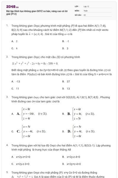Bài tập Hình học không gian OXYZ cơ bản, nâng cao có lời giải (P12)