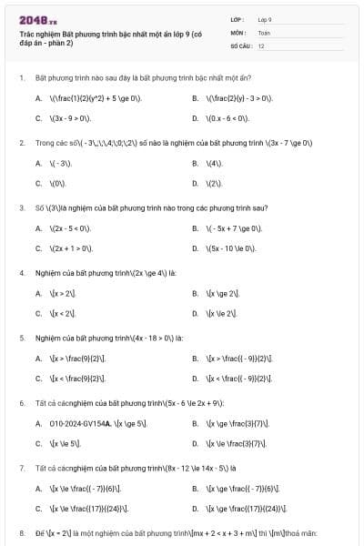 Trắc nghiệm Bất phương trình bậc nhất một ẩn lớp 9 (có đáp án - phần 2)