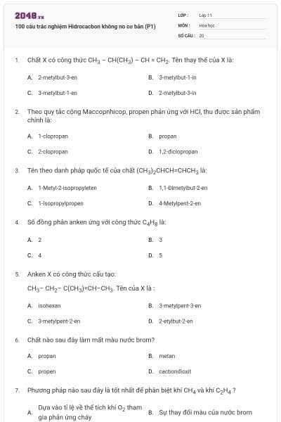 100 câu trắc nghiệm Hidrocacbon không no cơ bản (P1)