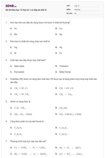 Đề thi Hóa học 12 Học kì 1 có đáp án (Đề 2)