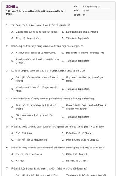 100+ câu Trắc nghiệm Quan trắc môi trường có đáp án - Phần 1