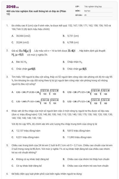 460 câu trắc nghiệm Xác suất thống kê có đáp án (Phần 12)