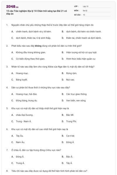 15 câu Trắc nghiệm Địa lý 10 Chân trời sáng tạo Bài 21 có đáp án