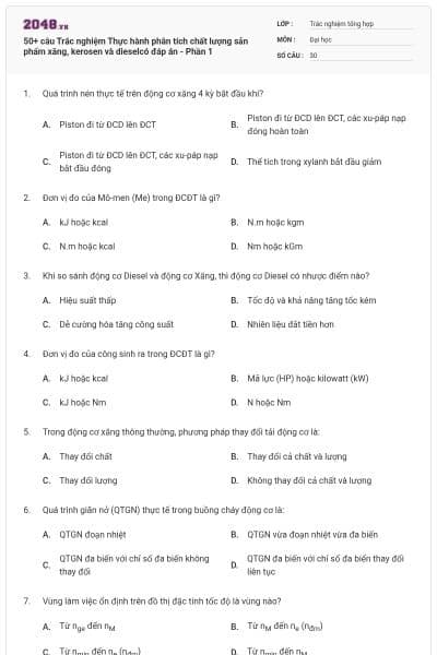 50+ câu Trắc nghiệm Thực hành phân tích chất lượng sản phẩm xăng, kerosen và dieselcó đáp án - Phần 1