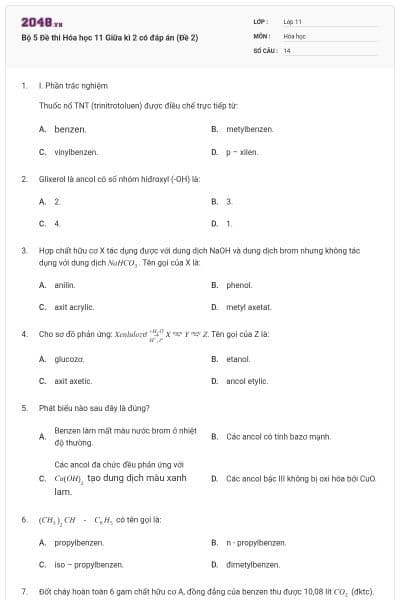 Bộ 5 Đề thi Hóa học 11 Giữa kì 2 có đáp án (Đề 2)