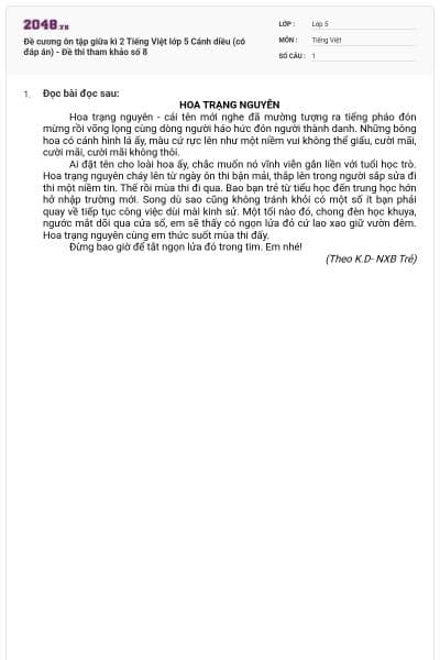 Đề cương ôn tập giữa kì 2 Tiếng Việt lớp 5 Cánh diều (có đáp án) - Đề thi tham khảo số 8