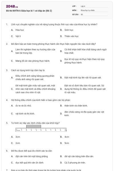 Đề thi KHTN 6 Giữa học kì 1 có đáp án (Đề 2)