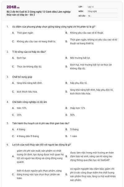 Bộ 2 đề thi Cuối kì 2 Công nghệ 12 Cánh diều Lâm nghiệp thủy sản có đáp án - Đề 2