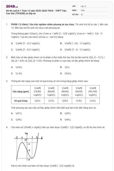 Đề thi cuối kì 1 Toán 12 năm 2025-2026 THCS - THPT Trần Cao Vân (TP.HCM) có đáp án