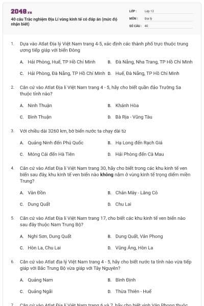 40 câu Trắc nghiệm Địa Lí vùng kinh tế có đáp án (mức độ nhận biết)