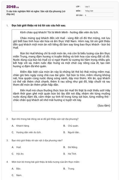 5 câu trắc nghiệm Nói và nghe: Sản vật địa phương (có đáp án)