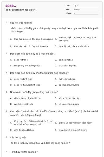 Đề thi giữa kì 2 Sinh học 6 (Đề 4)