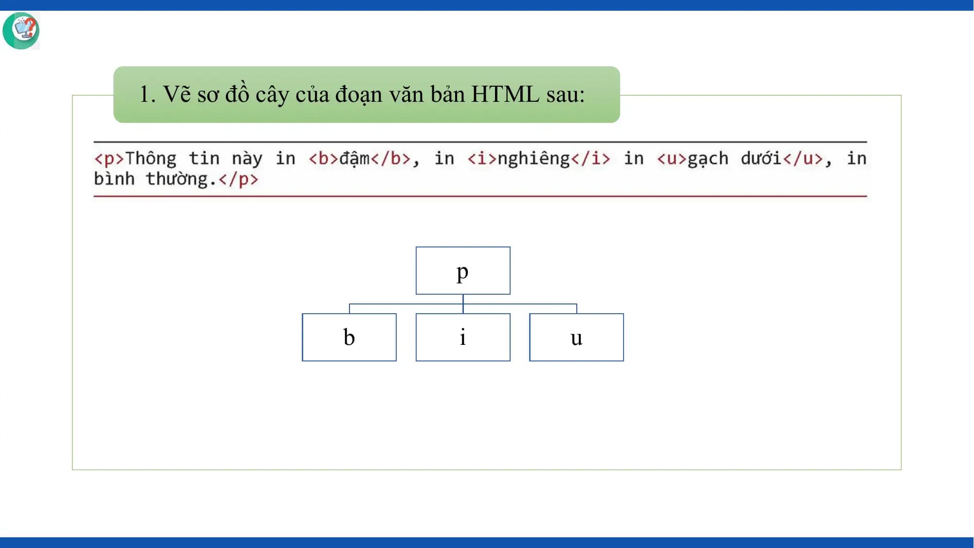 1. Vẽ sơ đồ cây của đoạn văn bản HTML sau:

 p

 b i u