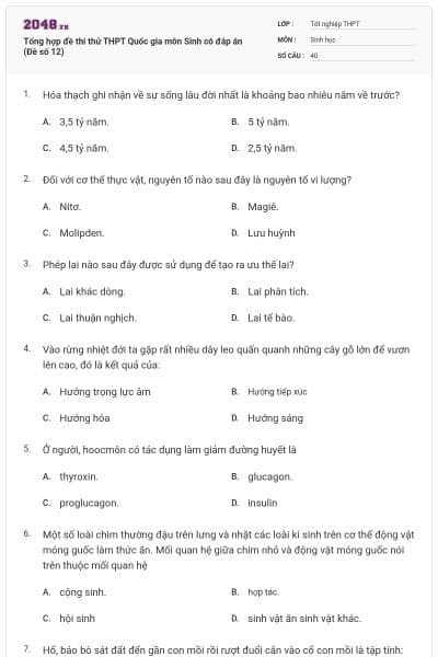 Tổng hợp đề thi thử THPT Quốc gia môn Sinh có đáp án (Đề số 12)