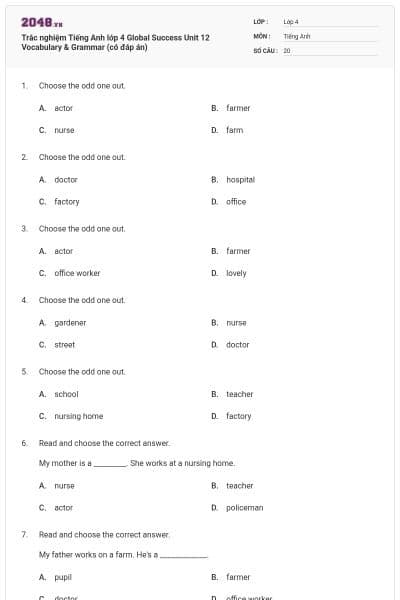 Trắc nghiệm Tiếng Anh lớp 4 Global Success Unit 12 Vocabulary & Grammar (có đáp án)