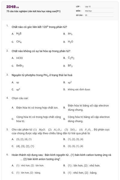 75 câu trắc nghiệm Liên kết hóa học nâng cao(P1)