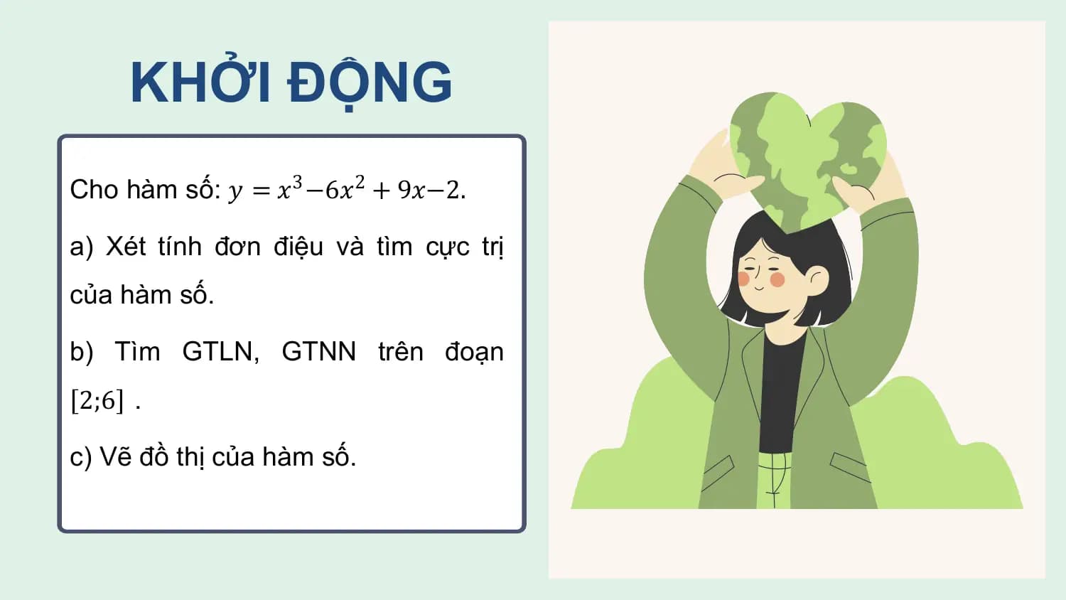 KHỞI ĐỘNG
Cho hàm số: 𝑦 = 𝑥3 −6𝑥2 + 9𝑥−2.

a) Xét tính đơn điệu và tìm cực trị
của hàm số.

b) Tìm GTLN, GTNN trên đoạn
2;6 .

c) Vẽ đồ thị của hàm số.