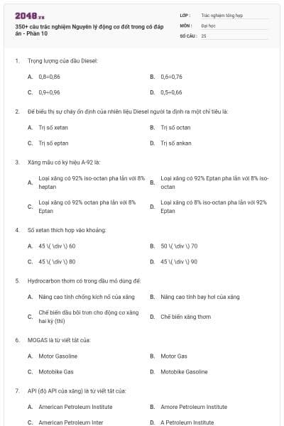 350+ câu trắc nghiệm Nguyên lý động cơ đốt trong có đáp án - Phần 10