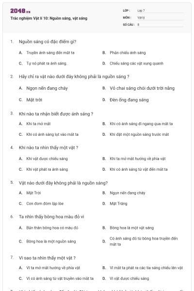 Trắc nghiệm Vật lí 10: Nguồn sáng, vật sáng