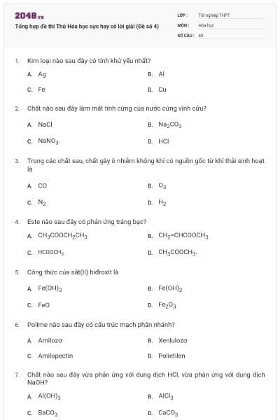 Tổng hợp đề thi Thử Hóa học cực hay có lời giải (Đề số 4)