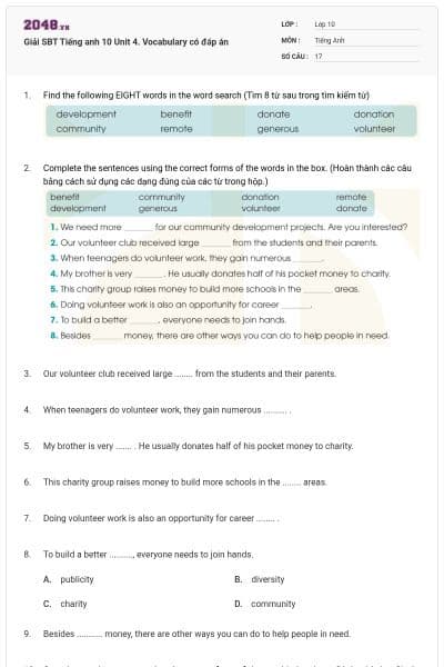 Giải SBT Tiếng anh 10 Unit 4. Vocabulary có đáp án
