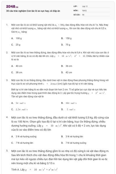30 câu trắc nghiệm Con lắc lò xo cực hay, có đáp án