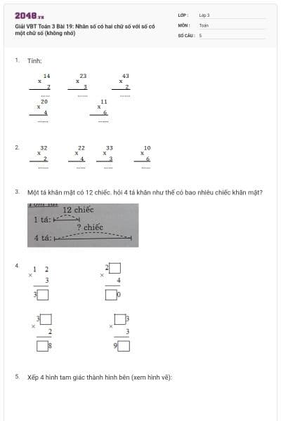 Giải VBT Toán 3 Bài 19: Nhân số có hai chữ số với số có một chữ số (không nhớ)