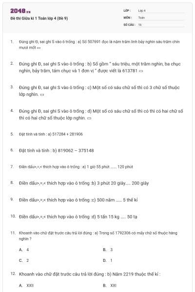 Đề thi Giữa kì 1 Toán lớp 4 (Đề 9)