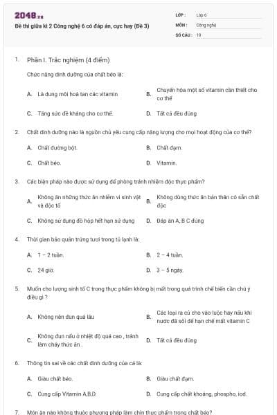 Đề thi giữa kì 2 Công nghệ 6 có đáp án, cực hay (Đề 3)