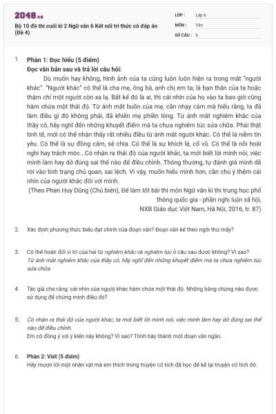 Bộ 10 đề thi cuối kì 2 Ngữ văn 6 Kết nối tri thức có đáp án (Đề 4)