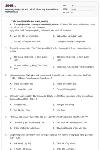 Đề cương ôn tập cuối kì 1 Lịch sử 12 (có đáp án) - Đề kiểm tra tham khảo