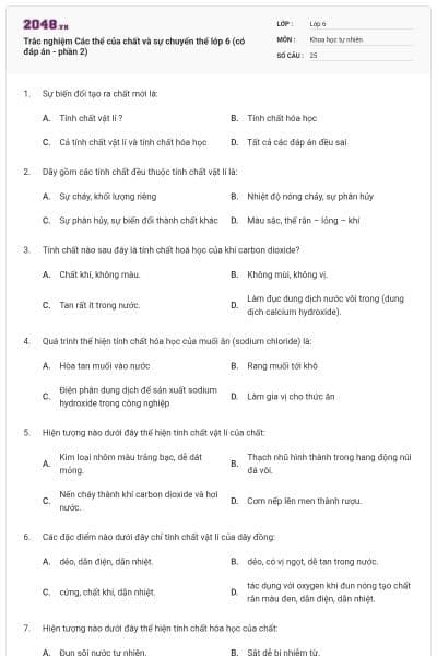 Trắc nghiệm Các thể của chất và sự chuyển thể lớp 6 (có đáp án - phần 2)