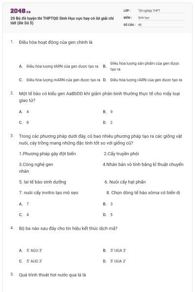 20 Bộ đề luyện thi THPTQG Sinh Học cực hay có lời giải chi tiết (Đề Số 5)