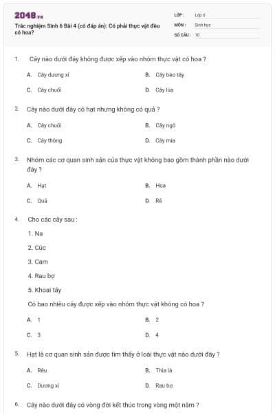 Trắc nghiệm Sinh 6 Bài 4 (có đáp án): Có phải thực vật đều có hoa?