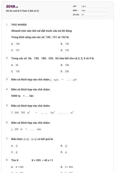 Đề thi cuối kì II Toán 4 (Đề số 2)