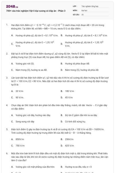 700+ câu trắc nghiệm Vật lí đại cương có đáp án - Phần 3