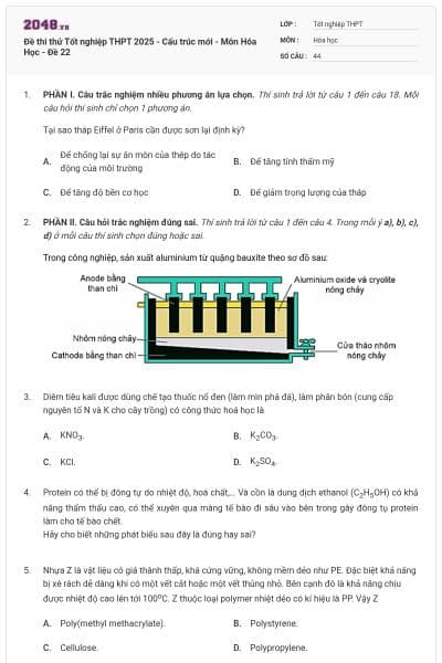 Đề thi thử Tốt nghiệp THPT 2025 - Cấu trúc mới - Môn Hóa Học - Đề 22