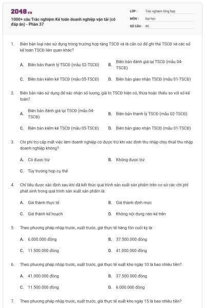 1000+ câu Trắc nghiệm Kế toán doanh nghiệp vận tải (có đáp án) - Phần 37
