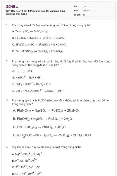 SBT Hóa học 11 Bài 4: Phản ứng trao đổi ion trong dung dịch các chất điện li