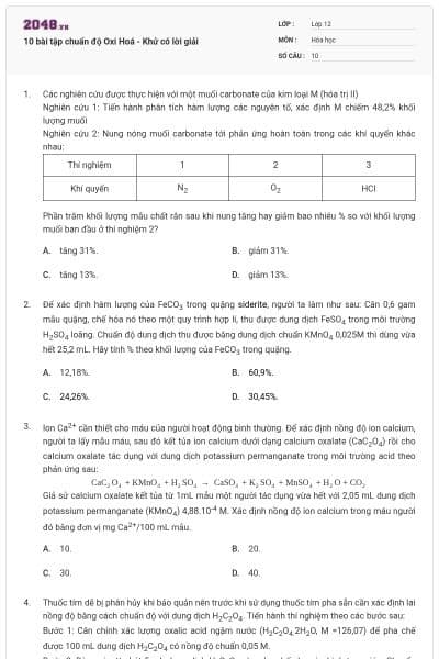 10 bài tập chuẩn độ Oxi Hoá - Khử có lời giải