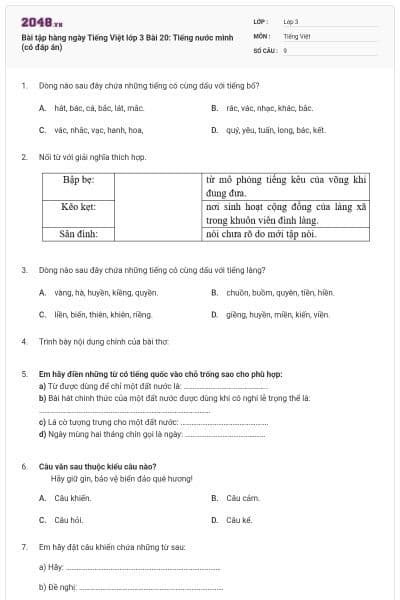 Bài tập hàng ngày Tiếng Việt lớp 3 Bài 20: Tiếng nước mình  (có đáp án)