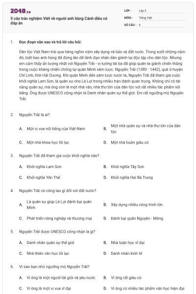 5 câu trắc nghiệm Viết về người anh hùng Cánh diều có đáp án