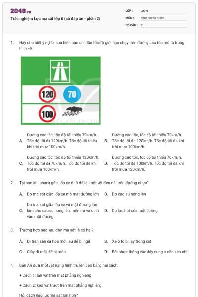 Trắc nghiệm Lực ma sát lớp 6 (có đáp án - phần 2)